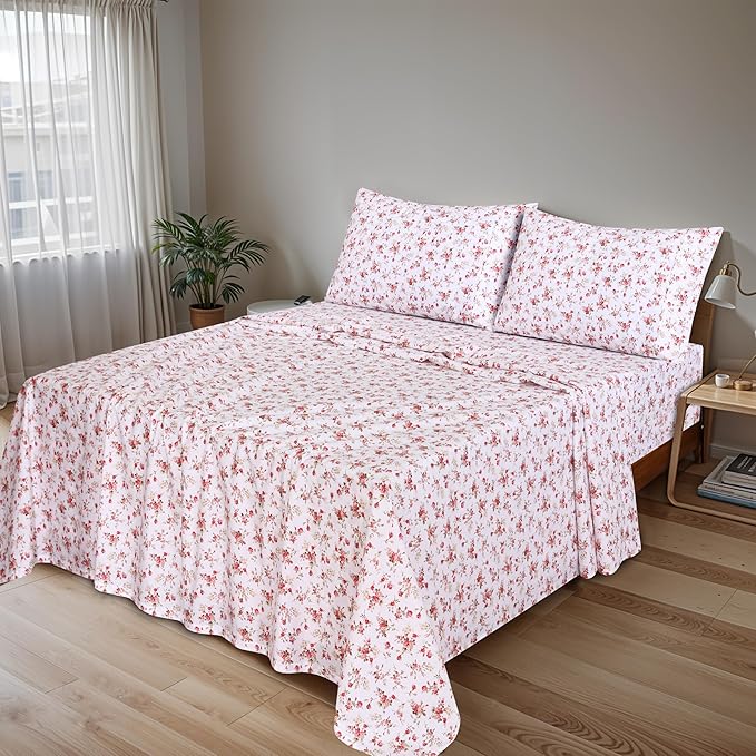 RUVANTI 100% Cotton Sheets King Size 4-Piece Set Percale Bedding, Cooling & Breathable Floral Design Bouquet, Durable with a Crisp, Soft & Comfortable Feel, 16" Deep Pocket