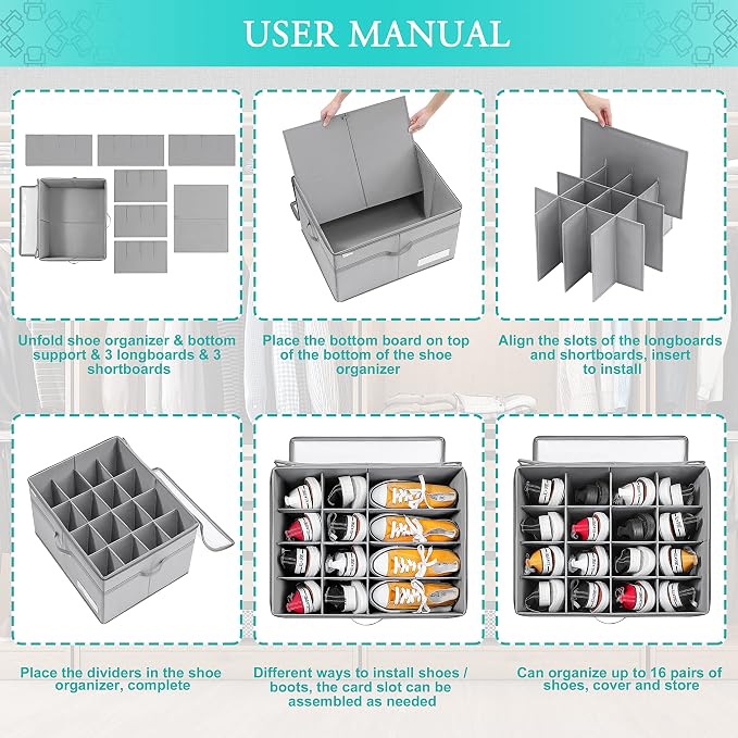 LUVHOMEE Shoe Organizer for Closet, Fits 16 Pairs, Large Shoe Box Storage Containers, Clear Foldable Shoe Storage Bins w/Bottom Support, Space Saving Shoes Holder w/Reinforced Handles, Gray - Image 6