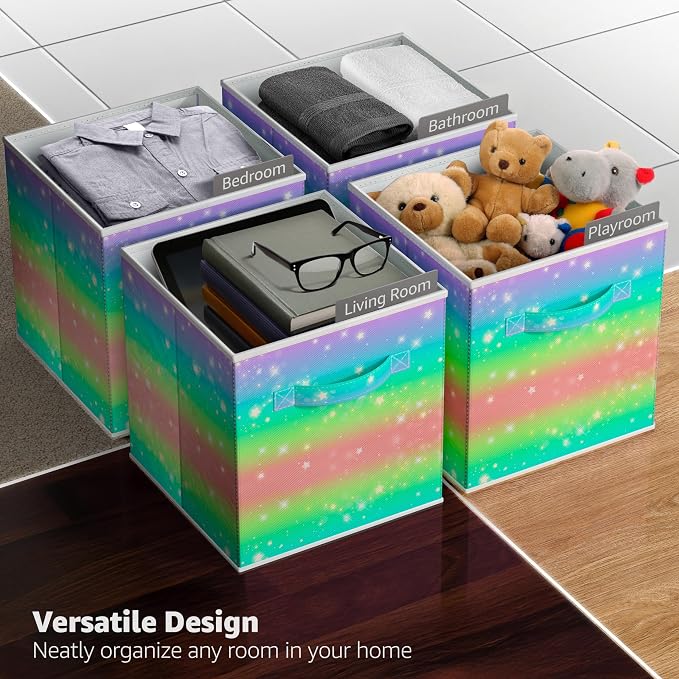 Sorbus 11 Inch Fabric Storage Cubes - Sturdy Collapsible Storage Bins & Handle - 6 Foldable Baskets for Organizing Clothes - Multi Colored Storage Baskets for Shelves (Colorful With Stars, 11 Inch) - Image 5