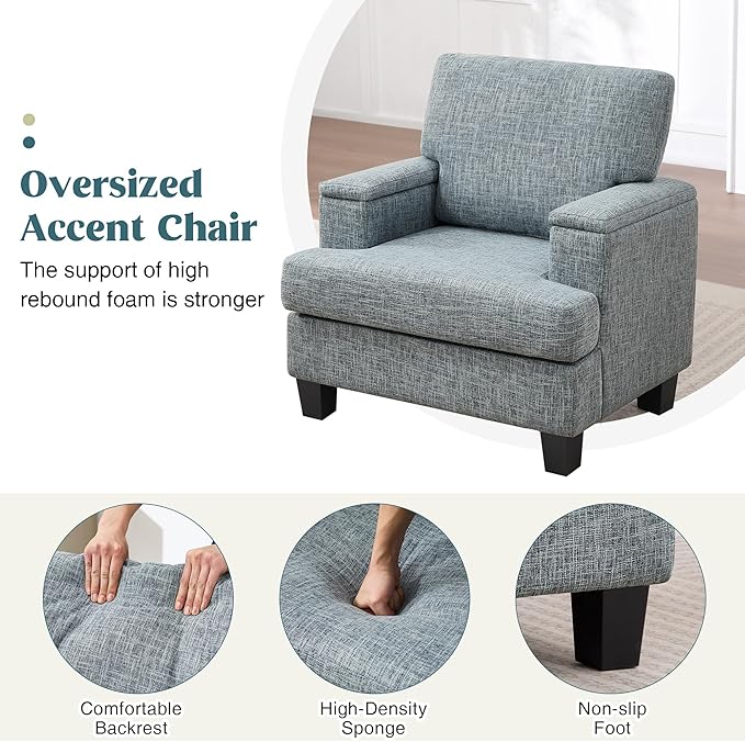 Modern Accent Chairs Set of 2 with Armrest Storage, Oversized Upholstered Reading Chairs, Comfy Large Armchairs, Fabric Single Sofa Chair for Living Room Bedroom (Bluish Grey)