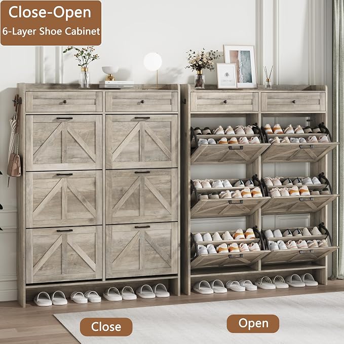 Shoe Cabinet with 6 Flip Drawers & 2 Top Drawers, 57" Tall Freestanding Narrow Wooden Shoe Storage Organizer for Entryway, Hidden Slim Shoe Rack for Front Door Entrance, Hallway, Living Room, Grey - Image 4