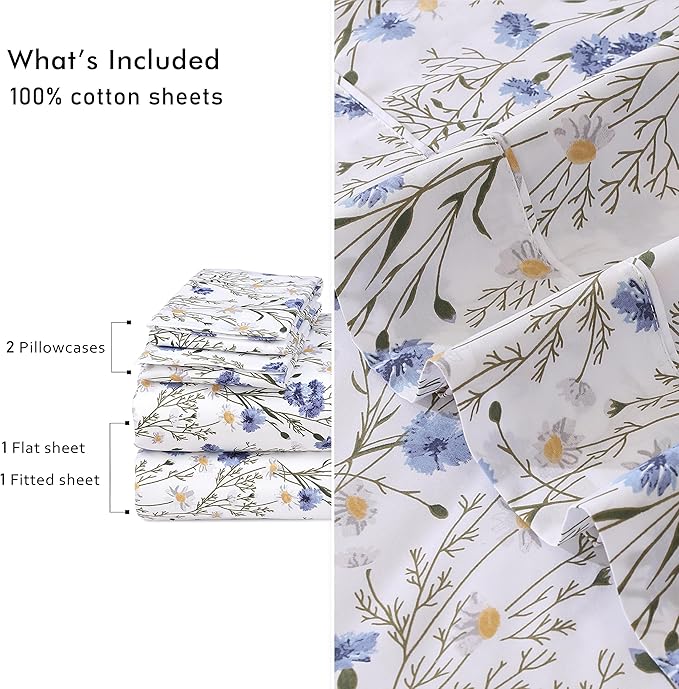 RUVANTI 100% Cotton Sheets – King Size Percale Bedding, Cooling & Breathable Floral Design, Durable with a Crisp, Soft & Comfortable Feel, 16" Deep Pocket, 4-Piece Set, Sweet Pea