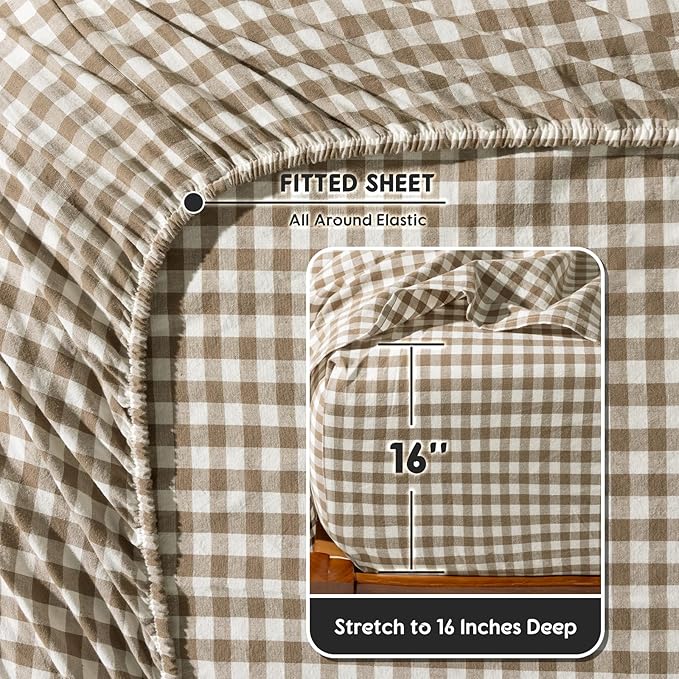 SONORO KATE 100% French Pure Linen Sheets, Breathable and Durable Linen Queen Size Sheets, Anti-Tear Linen Bed Sheets, Machine Washable, 16 Inch Deep Pocket - 4 Piece (Brown & White Plaid)