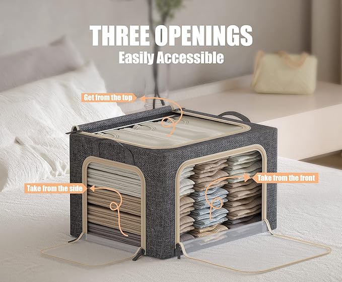 3 Opeings Large Clothes Storage Bins with Metal Frame, Foldable Storage Bin for Clothes, Clothing Storage Bins with Lid, Linen Storage Box With Clear Window＆ Zippers＆ Handles.(3 Pcs,Dark Grey,66L) - Image 3