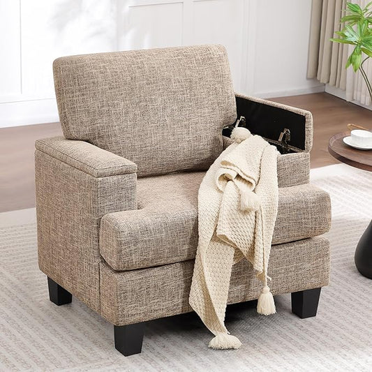 Accent Chair for Living Room, Modern Upholstered Reading Chairs with Armrest Storage, Comfy Large Armchair, Fabric Single Sofa Chair for Bedroom (Yellowish Brown)