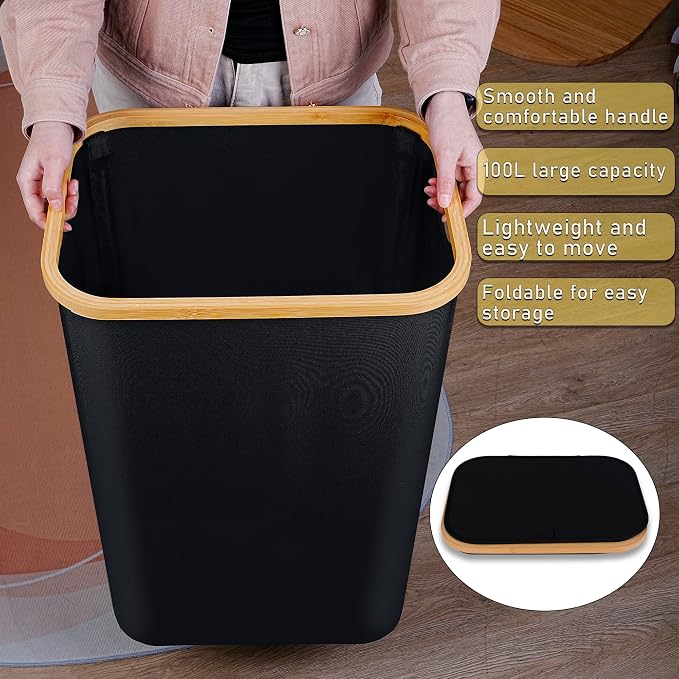 100L Laundry Hamper with Lid, Lagre Basket with Bamboo Handles,Foldable Clothes Hamper Tall Dirty Laundry Basket for Clothes Toys Towels Organizing,Black - Image 6