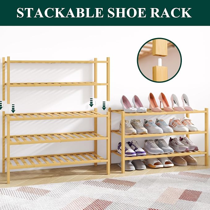 Smiry Bamboo Shoe Rack for Closet, 5 Tier Long Wooden Stackable Shoe Organizer, Free Standing Shoes Storage Shelf for Entryway, Front Door Entrance, Natural - Image 4