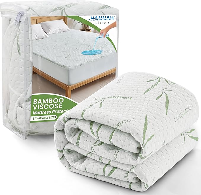 Hannah Linen Full Mattress Protector, Cooling Rayon dervied from Bamboo Viscose, 100% Waterproof - Fitted Sheet Style, Deep Pocket