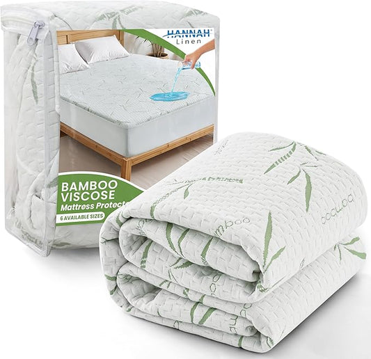 Hannah Linen Full Mattress Protector, Cooling Rayon dervied from Bamboo Viscose, 100% Waterproof - Fitted Sheet Style, Deep Pocket