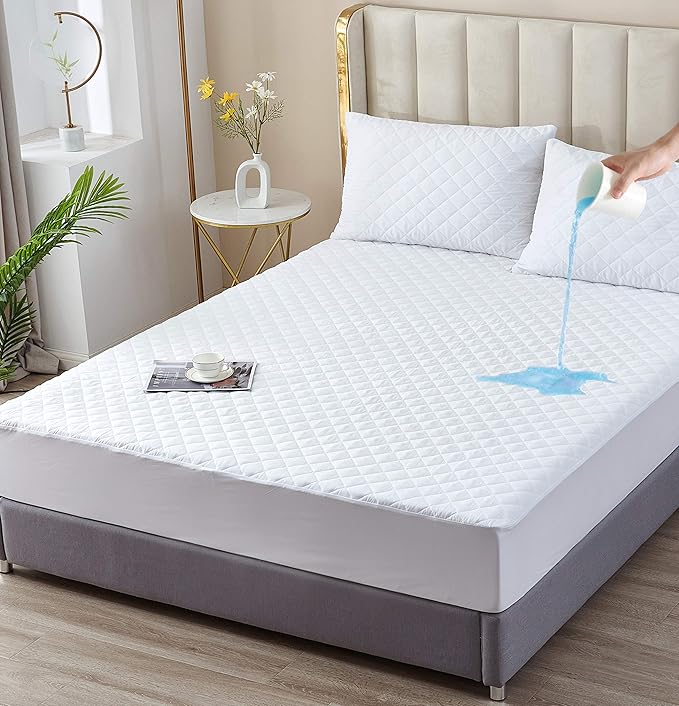 King Size 100% Waterproof Mattress Protector, Quilted Cooling Fitted Bed Mattress Cover Pad, 13"-15" Deep Pocket, Soft and Breathable Noiseless Machine Washable, Vinyl Free (King)