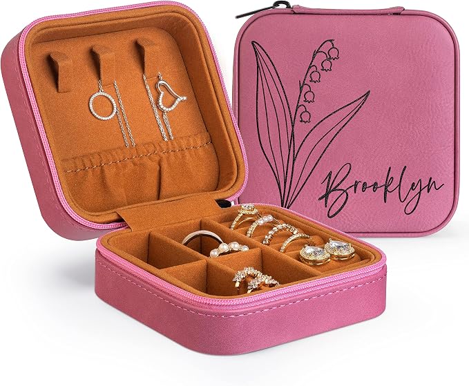 Custom Leather Jewelry Box w/Name & Birth Flower Month - Birthday Gifts for Women, Personalized Jewelry Travel Case - Customized Jewelry Organizer Box, Mom Birthday Gifts - Pink by PersonalizationLab
