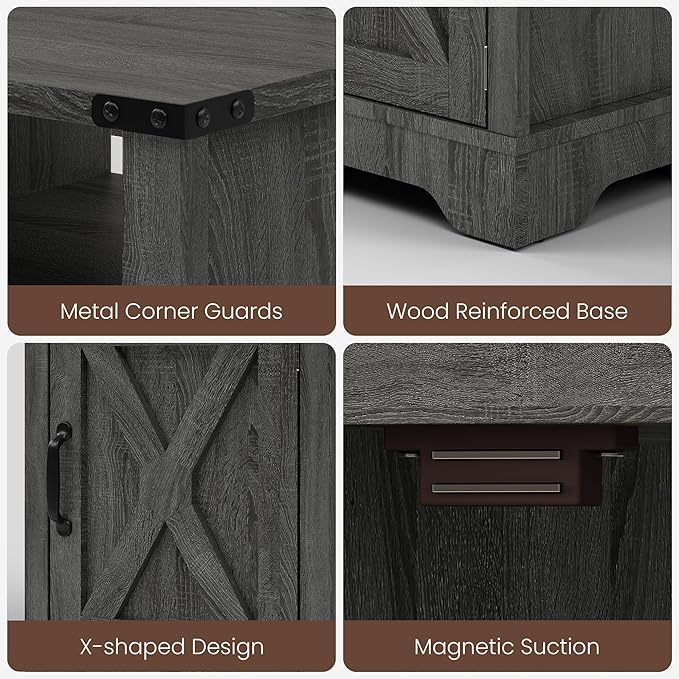 RoyalCraft 25" Tall Nightstands Set of 2, Farmhouse LED Nightstand with Charging Station, Wood End Table with Storage, Bedside Table for Bedroom, Dark Grey