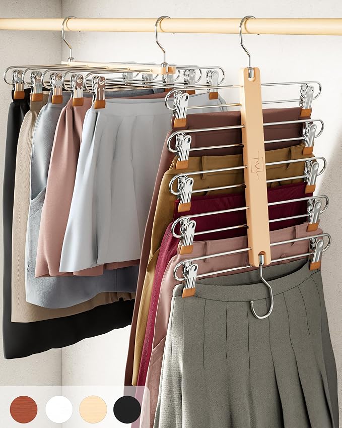 MORALVE Skirt Hangers Space Saving with Clips - 2 Pack - European Beechwood 5-Tier Hanger for Shorts, Skirts, and Pants - Closet Organizer and Storage Solution for Women with 360° Swivel Hook by MORALVE