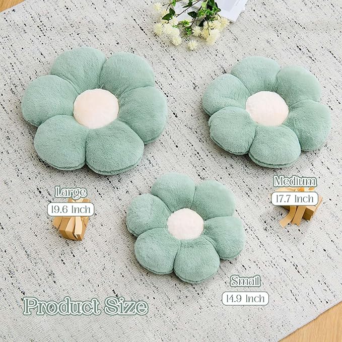 Kcvvcr Flower Pillow Cute Decorative Throw Pillow with Faux Rabbit Fur Soft Daisy Plush Floor Cushion Aesthetic Flower Shaped Pillow Home Decor for Bed Sofa Couch (Sage Green14.9 Inch)