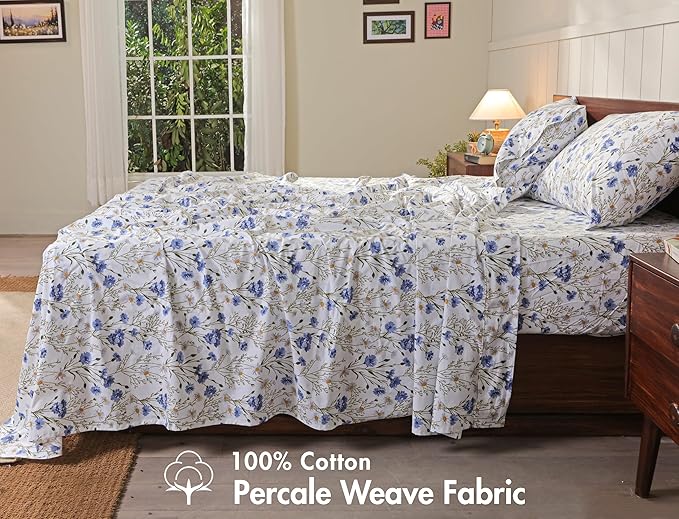 RUVANTI 100% Cotton Sheets – Split King Size Percale Bedding, Cooling & Breathable Floral Design, Durable with a Crisp, Soft & Comfortable Feel, 16" Deep Pocket, 5-Piece Set, Sweet Pea