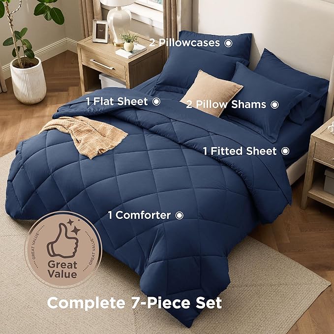 Bedsure 7 Pieces King Comforter Set Premium Series, Hotel Luxury Soft Bed in a Bag, Goose Down Alternative, Safe for Sensitive Skin Bedding Comforter All Season Medium Warmth, Navy Blue King Size