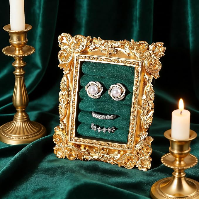 Vintage Ring Holder Rectangle Gold Velvet Display Stand - Baroque Jewelry Organizer Box Tray for Wedding Engagement Anniversary Women Birthday Christmas Gift Photograph Prop (MPF05-Gold Green) by GELVTIC
