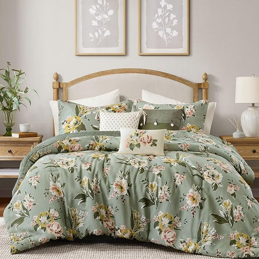 Madison Park Vintage Floral Reversible Comforters King Size Bed, All Season, Down Alternative Bedding Comforter, Bedskirt, Pillows, Shams, Salara, Cal King Green 7 Piece | Reversible