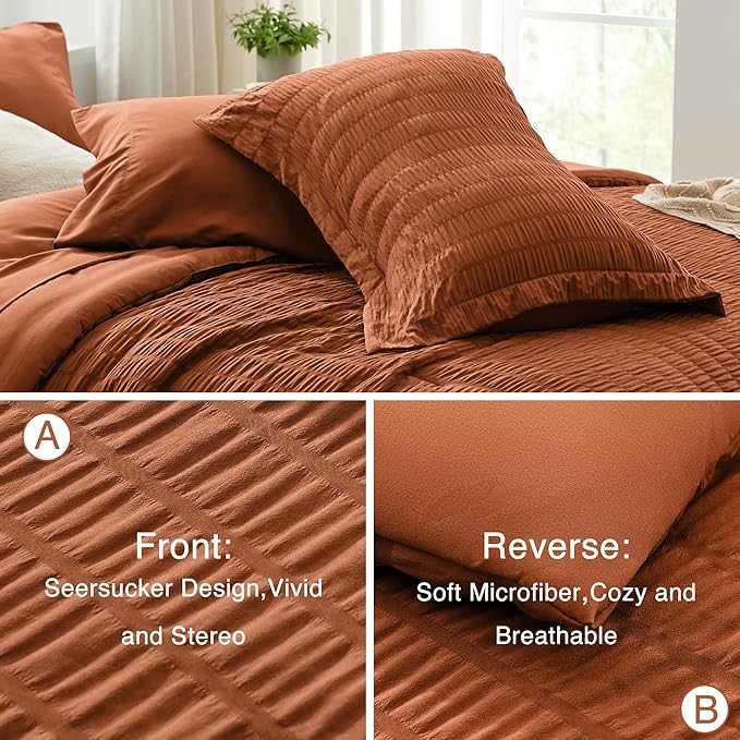 Love's cabin Seersucker Terracotta Twin XL Comforter Set, 5-Piece All Season Lightweight Bed in a Bag Bedding Set with Comforter, Flat Sheet, Fitted Sheet, Pillowcase and Sham | Soft, Breathable, Lightweight