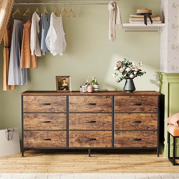 Huuger 9 Drawer Dresser, 47 Inch Dresser TV Stand for 50, 55 Inch TV, Entertainment Center with Drawers, Fabric Chest of Drawer for Bedroom, Closet, Rustic Brown