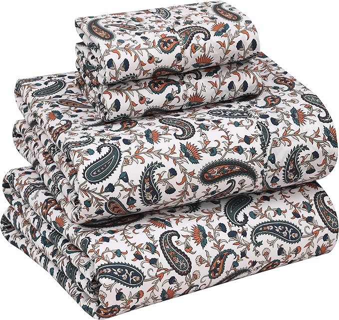 RUVANTI 100% Cotton Sheets – Full Size Percale Bedding, Cooling & Breathable Floral Design, Durable with a Crisp, Soft & Comfortable Feel, 16" Deep Pocket, 4-Piece Set, Teal Paisley