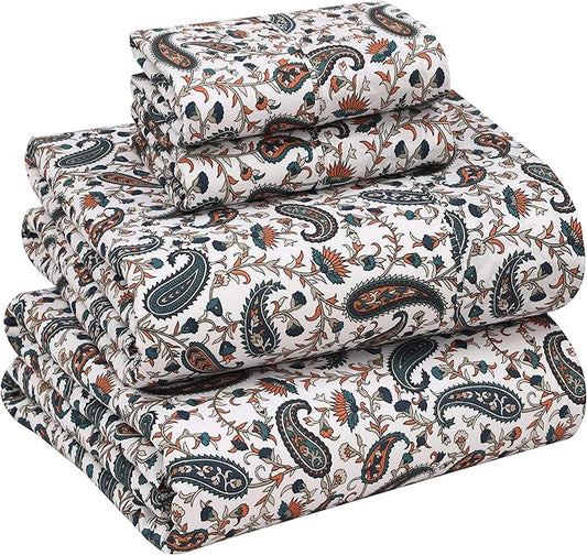 RUVANTI 100% Cotton Sheets – Queen Size Percale Bedding, Cooling & Breathable Floral Design, Durable with a Crisp, Soft & Comfortable Feel, 16" Deep Pocket, 4-Piece Set, Teal Paisley