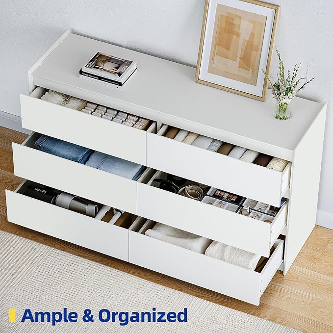 White Dresser for Bedroom, 54" Wide 6 Drawer Double Dresser, Modern Matte Wood Chest of Drawers with Anti-Tip Kit, Sturdy Storage Organizer for Closet, Living Room & Hallway, Handle-Free