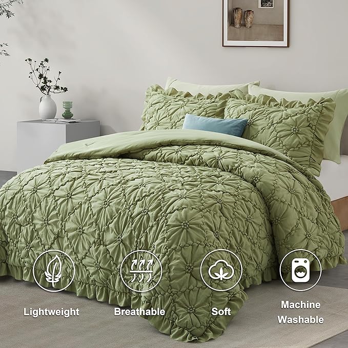 BEDAZZLED King Size Comforter Sets, Green Bedding Comforter Set, 3 Pieces Pinch Pleat Bedding Sets with Comforter and Pillowcases Soft Farmhouse Shabby Chic Comforter for All Season