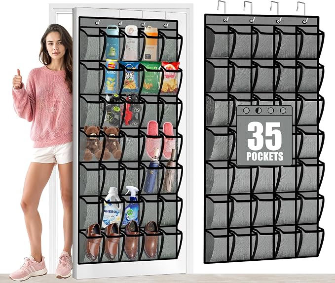 Aheroi Over the Door Shoe Organizer, 35 Pockets Mesh Shoe Organizer Door Hanger, Large Hanging Shoe Rack Holds Up to 40 lbs, Closet Shoe Behind Door Rack, Gray Durable Storage Hanging Bag by Aheroi