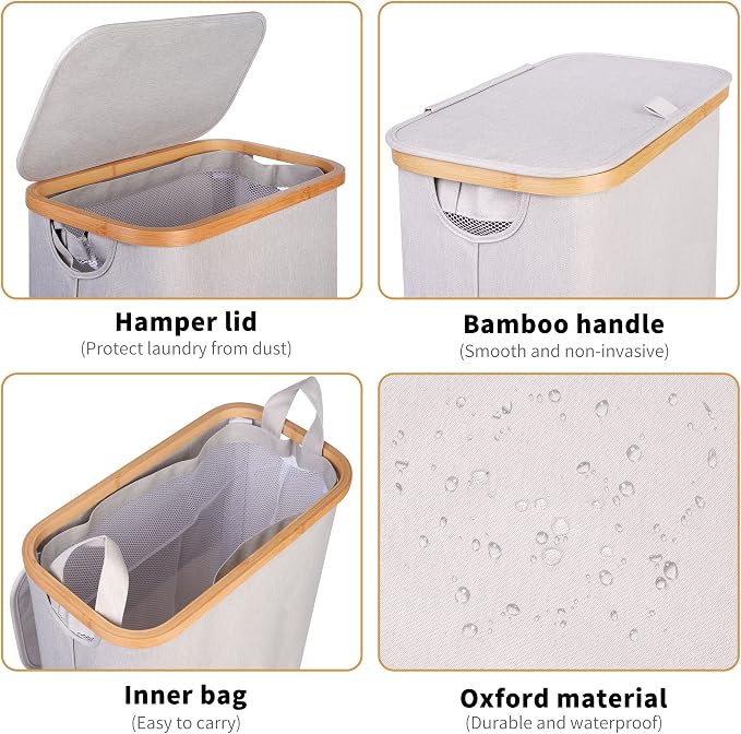 65L Slim Laundry Hamper, Narrow Laundry Basket with Lid,Foldable Clothes Hamper with Bamboo Handles,Hamper Basket with Removable Inner Bag for Laundry Room Bedroom College Dorm,17.17 Gals（Light Grey） - Image 3