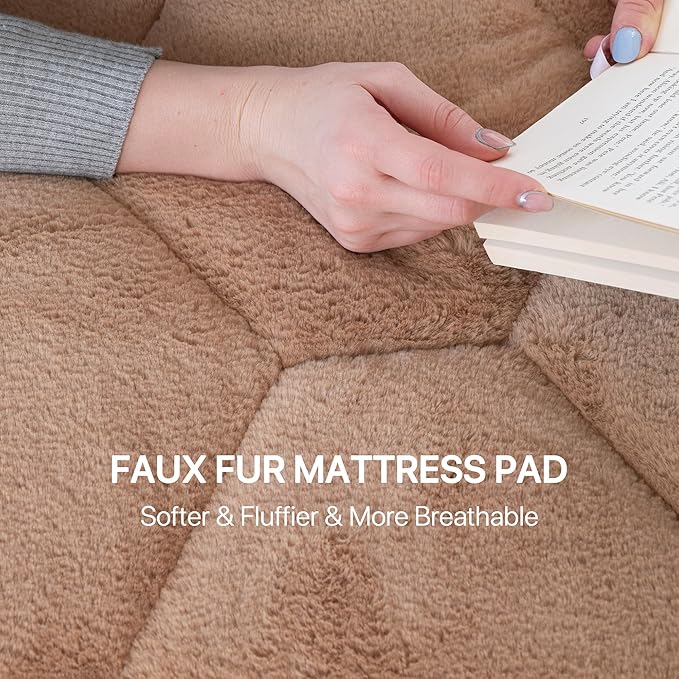 Faux Fur Mattress Pad Quilted Fitted Mattress Cover, Fluffy Warm Soft Breathable Mattress Protector, Mattress Topper with 8-21" Deep Pocket (Khaki, King)