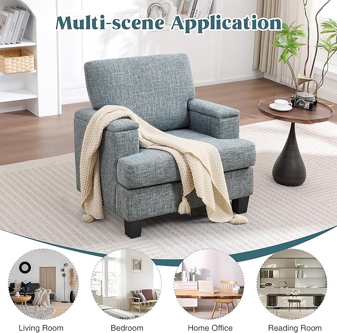 Oversized Accent Chair with Armrest Storage, Modern Upholstered Reading Living Room Chairs, Comfy Large Armchair, Fabric Single Sofa Chair for Bedroom (Bluish Grey)
