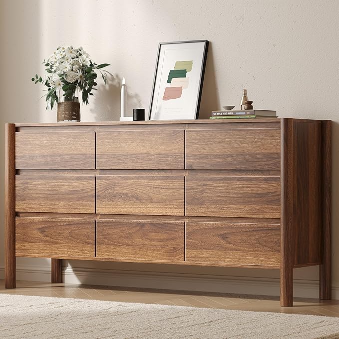 CHUWELL 3-Piece Bedroom Dresser Set-9 Drawer Dresser & 2 Nightstands,47" Wide Walnurt Dresser and Night Stands with Solid Wood Cylindrical Legs,Rustic Wooden Storage for Bedroom