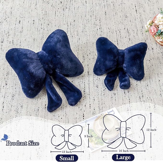 XVTRU Navy Bow Pillow, Soft Bow Decorative Pillows with Faux Rabbit Fur, Cute 16" Bow Throw Pillows, Aesthetic Home Decor Bow Shaped Plush Pillow for Bedroom Sofa Couch