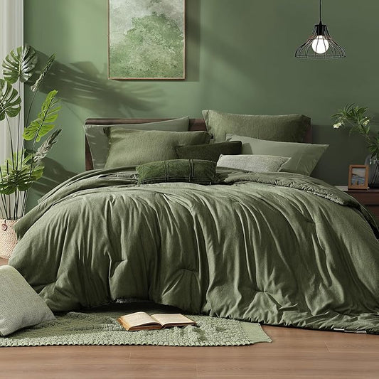 Monbix Super King Comforter Set, Olive Green Cationic Dyeing Bedding Set Reversible, Bed in a Bag 7 Pieces with Comforter, Sheets, Pillowcases & Shams