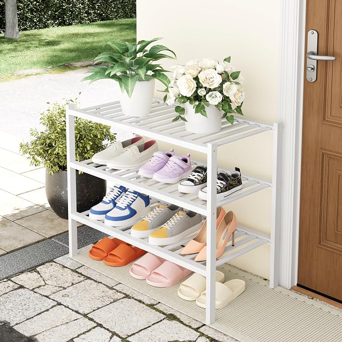 Smiry Shoe Rack, 3 Tier Thick Bamboo Shoe Organizer, Stackable Free Standing Wooden Shoe Storage Shelf for Closet, Entryway, Front Door Entrance, White - Image 7