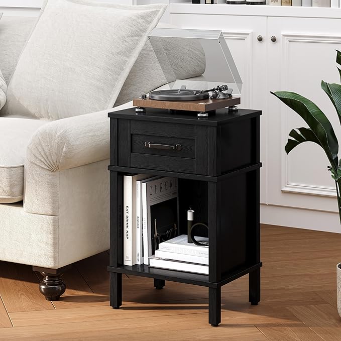 Farmhouse Nightstand with Drawer, Small Wood Side Table, Wooden Bedroom Nightstand, Wood Night Stand, Black Bedside Table with Storage, Black End Table for Living Room LET512B