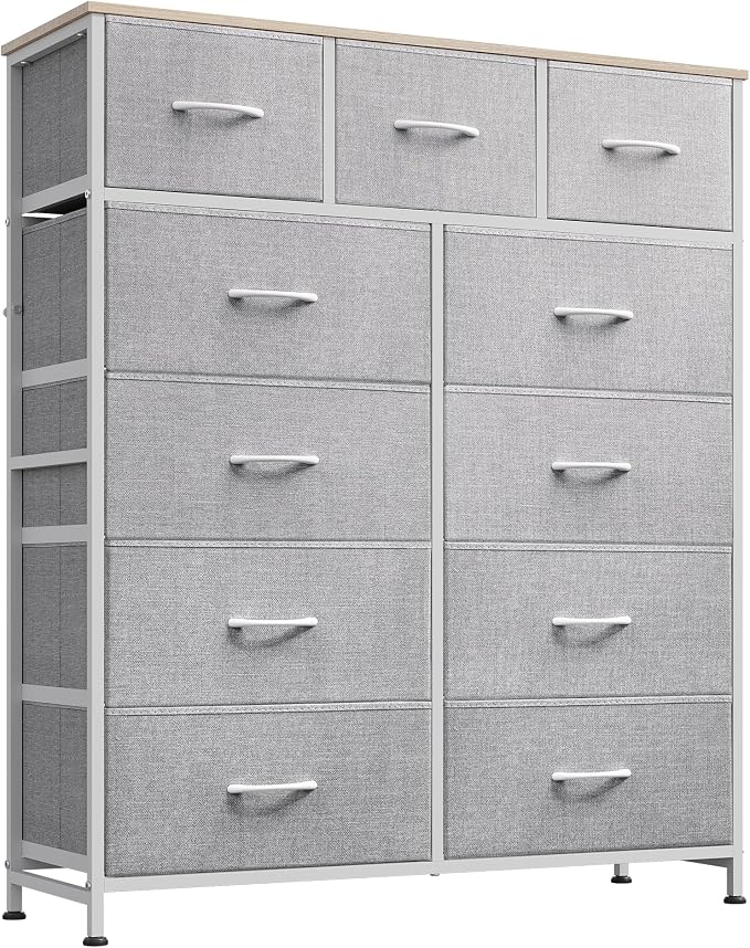 WLIVE Tall Dresser for Bedroom, Fabric Dressers Storage Tower, Dresser & Chest of Drawers Organizer Unit with 11 Drawers, Storage Cabinet, Hallway, Closets, Steel Frame, Wood Top, Light Grey by WLIVE