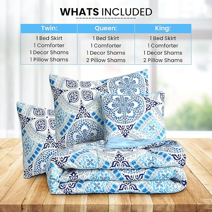 LUX Décor Reversible 5pc King Comforter Set, Printed Bedding Set, All-in-One Bed in a Bag, Includes 1 Comforter, 2 Pillow Shams, 1 Decorative Pillow & 1 Bed Skirt (Aztec Sky,King)