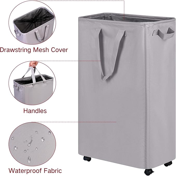 efluky Slim Laundry Hamper with Wheels, Rolling Laundry Basket for Clothes, Small Laundry Basket for Bedroom, Dorm and Laundry Room, 75L (19.8 Gallons) Grey - Image 3