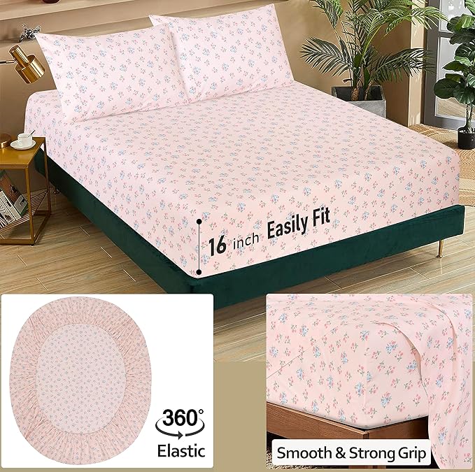 RUVANTI 100% Cotton Sheets – Queen Size Percale Bedding, Cooling & Breathable Floral Design, Durable with a Crisp, Soft & Comfortable Feel, 16" Deep Pocket, 4-Piece Set, Spring On