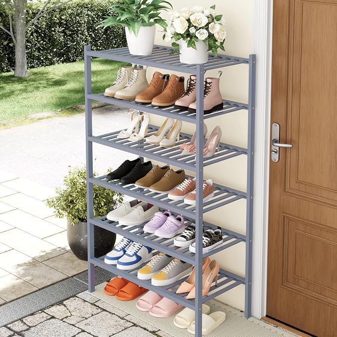 Smiry Shoe Rack, 6 Tier Thick Bamboo Shoe Organizer, Stackable Free Standing Wooden Shoe Storage Shelf for Closet, Entryway, Front Door Entrance, Grey - Image 7