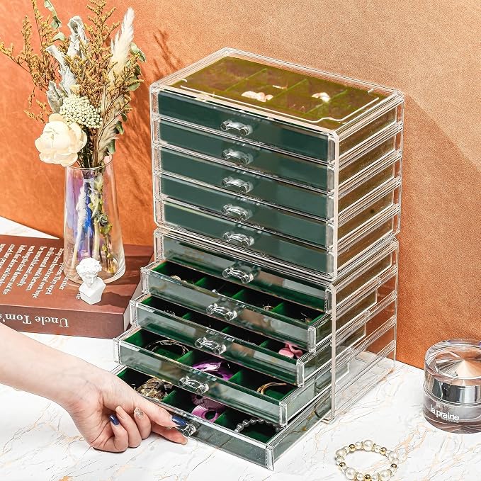 ProCase Earring Holder Organizer Jewelry Box with 10 Drawers, Acrylic Clear Earring Case with Adjustable Velvet Trays for Women - Emerald,10 Layers - Image 3