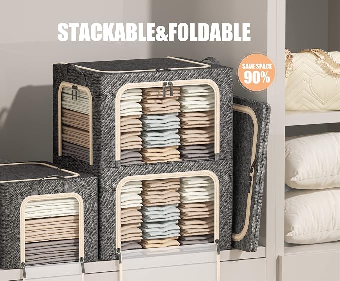3 Opeings Large Clothes Storage Bins with Metal Frame, Foldable Storage Bin for Clothes, Clothing Storage Bins with Lid, Linen Storage Box With Clear Window＆ Zippers＆ Handles.(3 Pcs,Dark Grey,66L) - Image 2