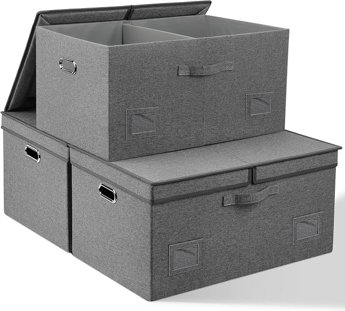 Graciadeco 75 Quarts Extra Large Decorative Storage Bins with Lids, 3 Packs Gray Collapsible Storage Bins with Lids, Stackable Storage Bins Decorative Box Storage With Lid Extra Large by GraciadecoStorage