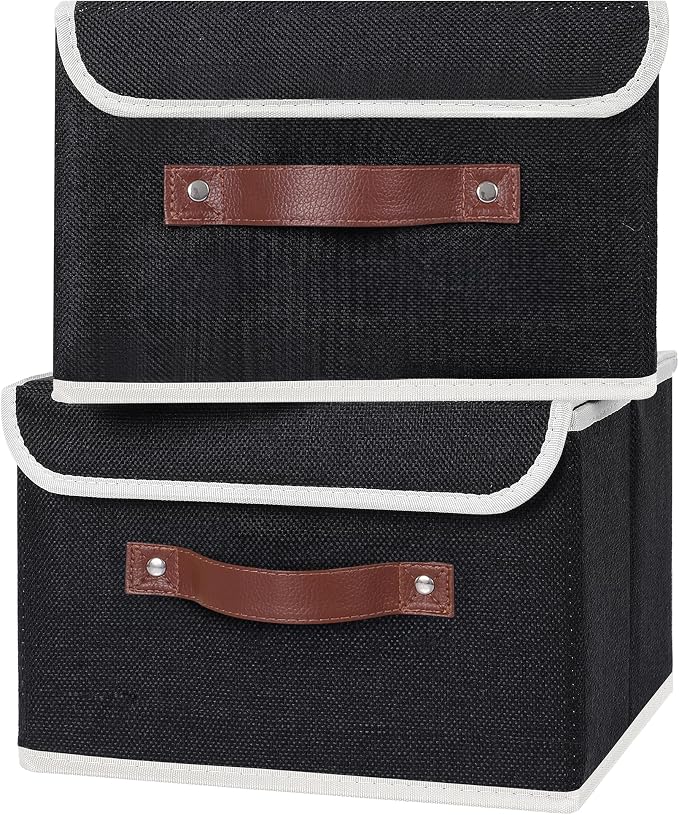 ANMINY 4PCS Storage Bins with Lid PU Leather Handles Storage Boxes PP Plastic Board Decorative Foldable Lidded Cotton Linen Fabric Home Cubes Baskets Closet Organizer Containers - Black, Small Size - Image 2