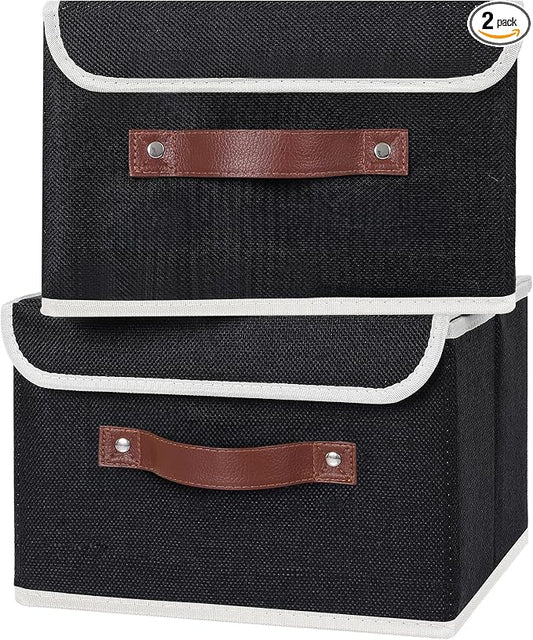 ANMINY 2PCS Storage Bins with Lid PU Leather Handles Storage Boxes PP Plastic Board Decorative Foldable Lidded Cotton Linen Fabric Home Cubes Baskets Closet Organizer Containers - Black, Small Size by ANMINY