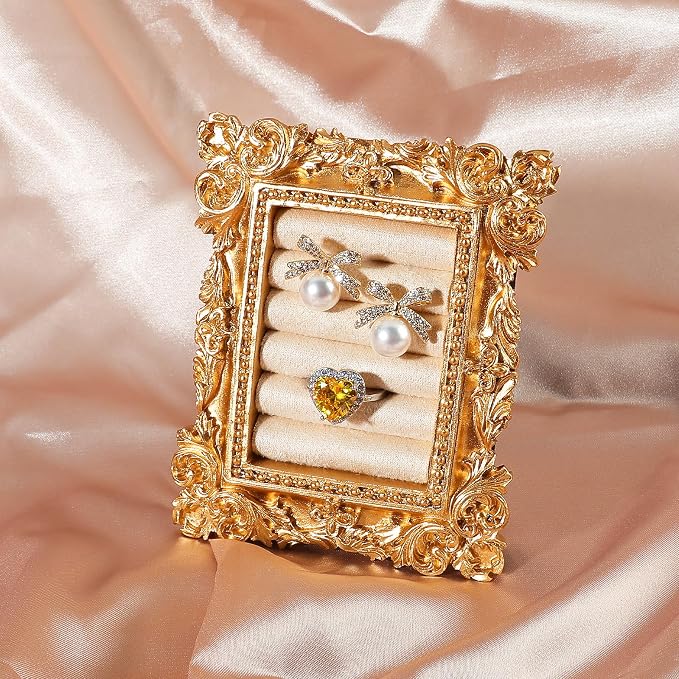 Vintage Ring Holder Rectangle Gold Velvet Display Stand - Baroque Jewelry Organizer Box Tray for Wedding Engagement Anniversary Women Birthday Christmas Gift Photograph Prop (MPF05-Gold White) by GELVTIC