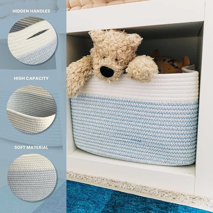 OrganiHaus Rope Baskets for Shelves - Set of 3 Woven Storage Baskets for Organizing, Closet & Toy Storage - Blue/White - 15x9x10 - Image 3