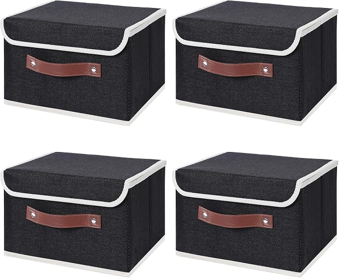 ANMINY 4PCS Storage Bins with Lid PU Leather Handles Storage Boxes PP Plastic Board Decorative Foldable Lidded Cotton Linen Fabric Home Cubes Baskets Closet Organizer Containers - Black, Small Size by ANMINY